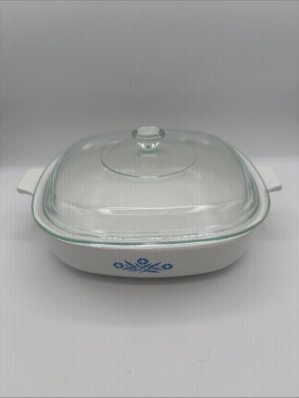Vintage Corningware White Casserole with Blue Cornflower Pattern and Glass Lid